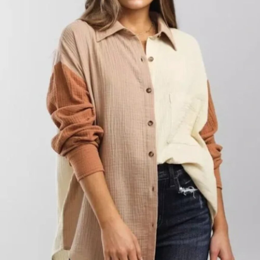 Crinkle Gauze Women's Button Down Shirt in Cream and Brown Size XL